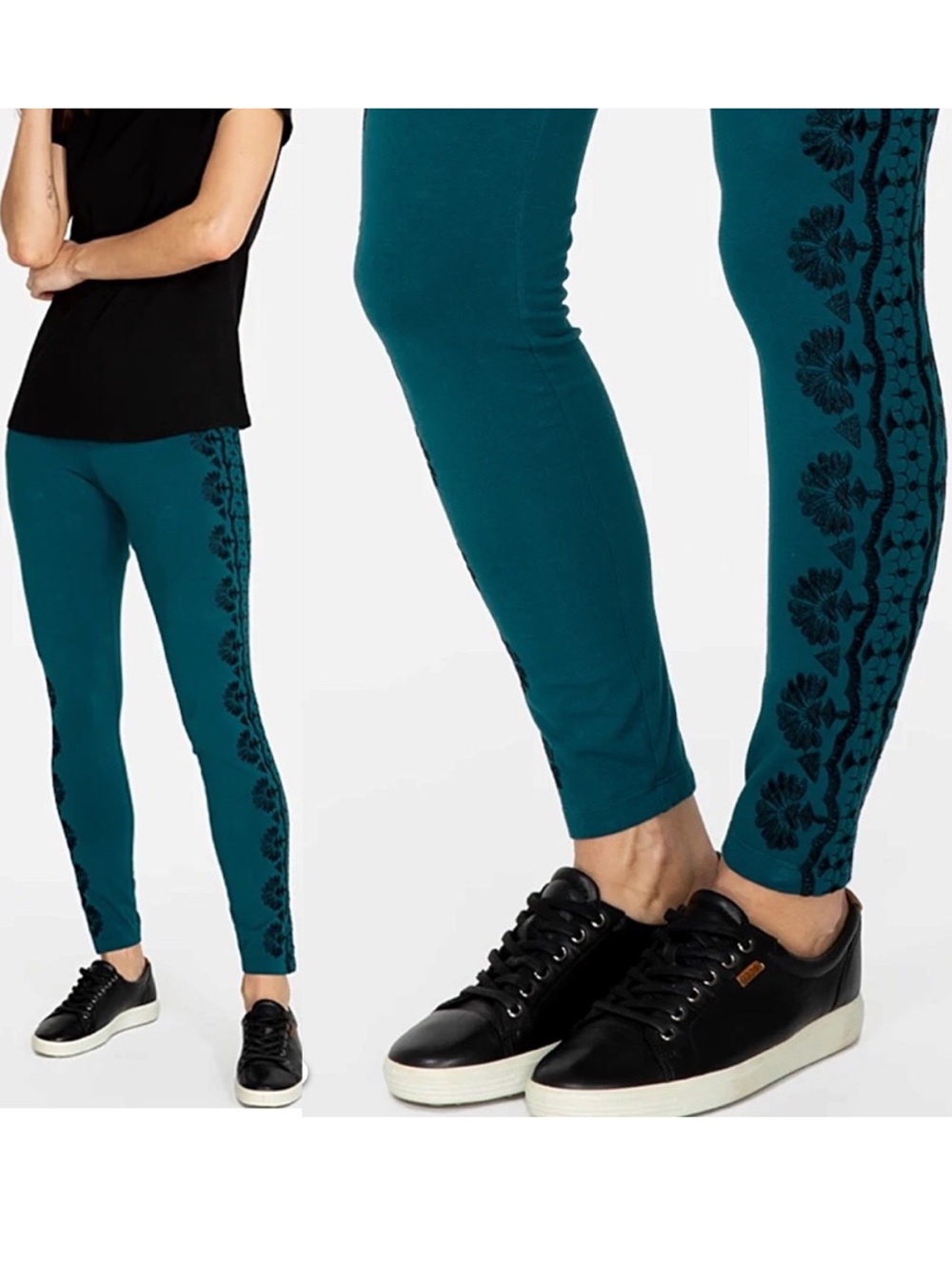 Johnny Was JW Los Angeles Elastic Waist Teal w Embroidered Details Leggings Sz L